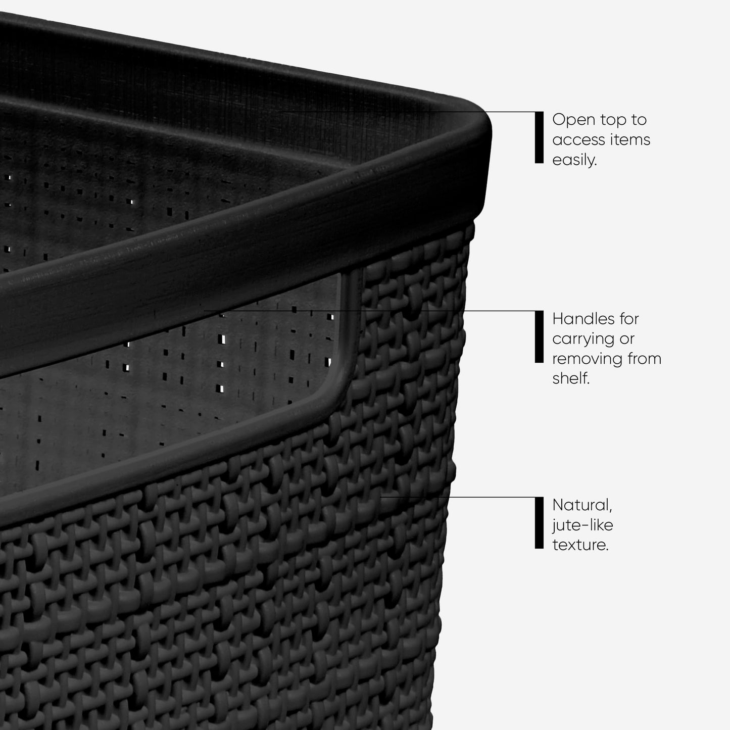 Curver Set of 2 XL 30.5L Jute Decorative Plastic Organization and Storage Baskets - Perfect Bins for Home Office, Closet Shelves, Kitchen Pantry and All Bedroom Essentials, Black