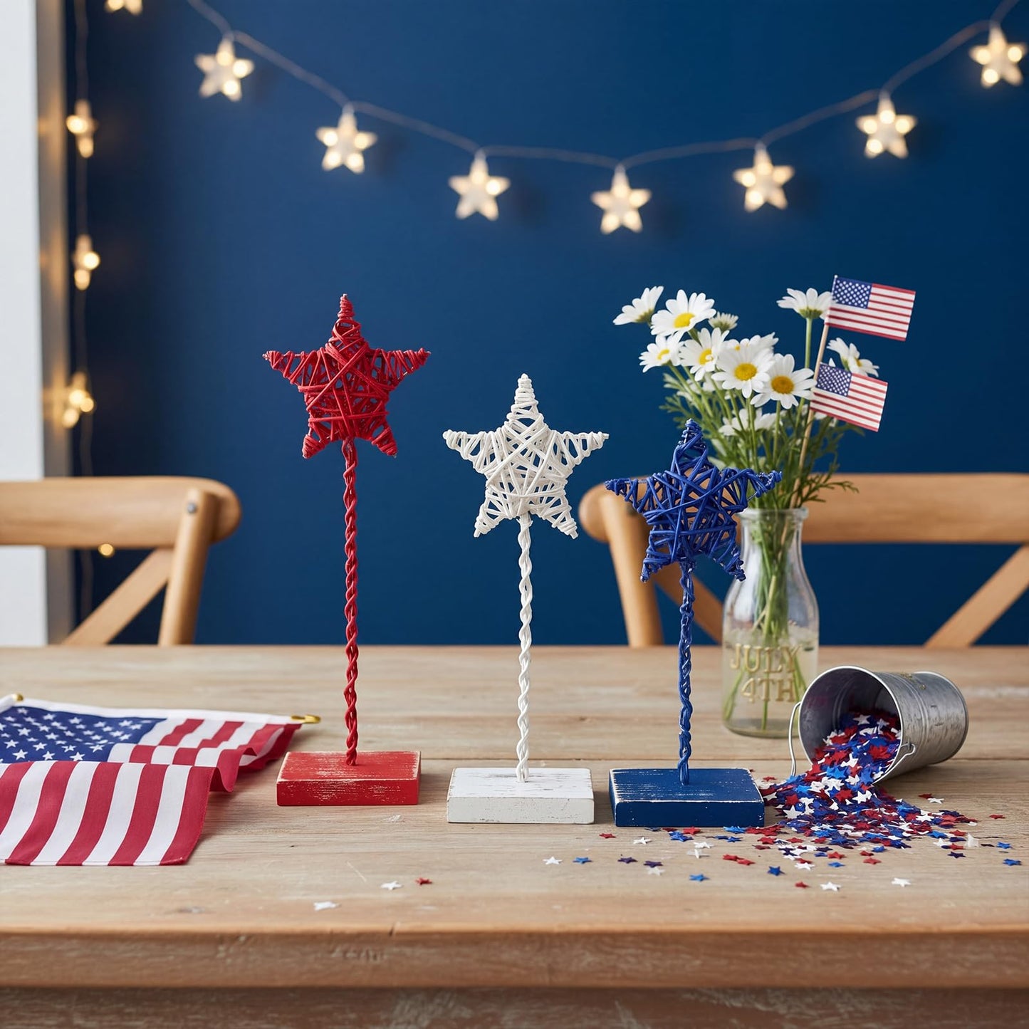 Tiamon 3 Pcs 4th of July Decorations, Metal Wood Patriotic Centerpieces Table Decor Red White Blue 3D Star Tray Sign Decor for Home Office USA July Fourth Independence Day 250th Anniversary Decoration