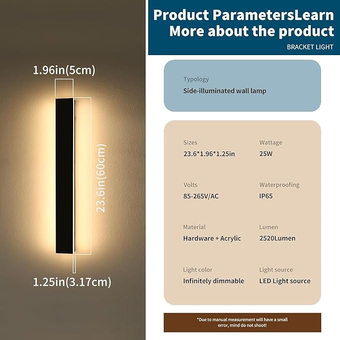 23.6inch Exterior Wall Lights for House, Modern Outdoor Wall Sconce, Dimmable 3000K-6000K, IP65 Waterproof, Outside Long Strip Light, Wall Mount Lighting for Porch, Garage with Remote Control