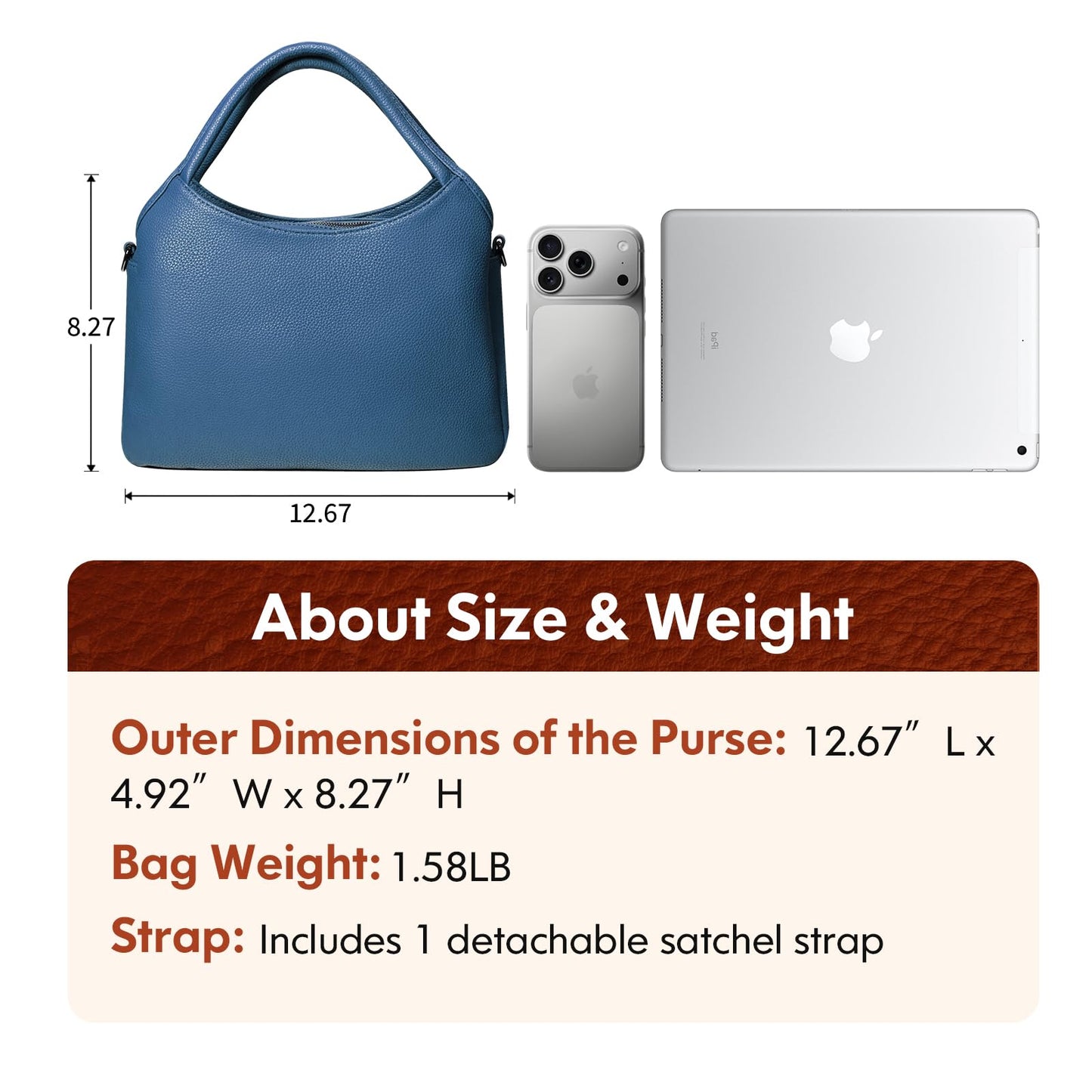 KOGTLA Women's Large Pebbled Leather Purses with Satchel Strap, Ladies Vegan Leather Tote Handbags, Hobo Shoulder Bags Blue