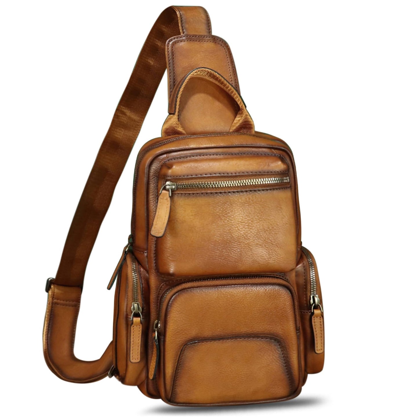 LRTO Genuine Leather Sling Bag for Men and Women Vintage Leather Sling Backpack Purse Chest Bag Over Shoulder Crossbody Bag (Brown)