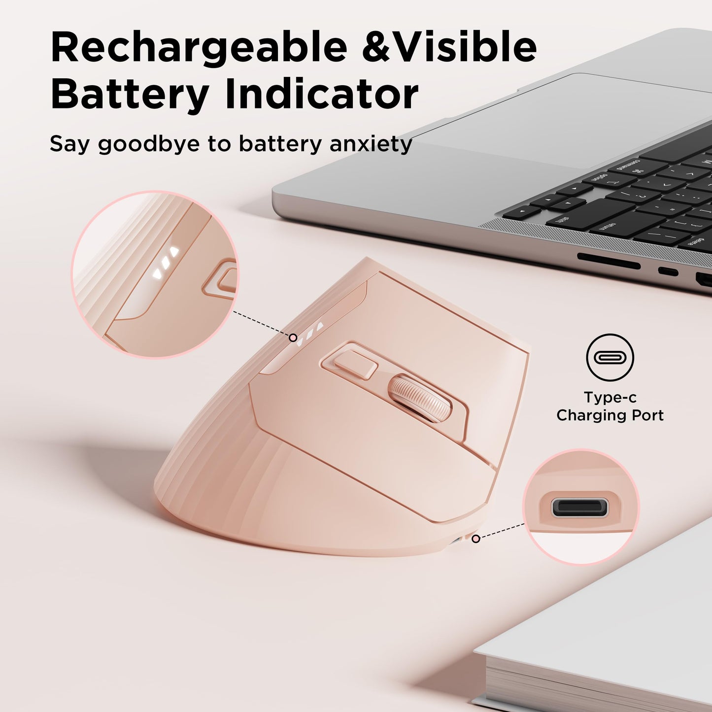 Uineer Ergonomic Wireless Mouse Pink,Bluetooth Vertical Mouse with BT5.0/4.0/2.4G, Rechargeable with Battery Indicator,Ergonomic Design for Comfort and Reduced Wrist Strain for Home,Office Use Pink