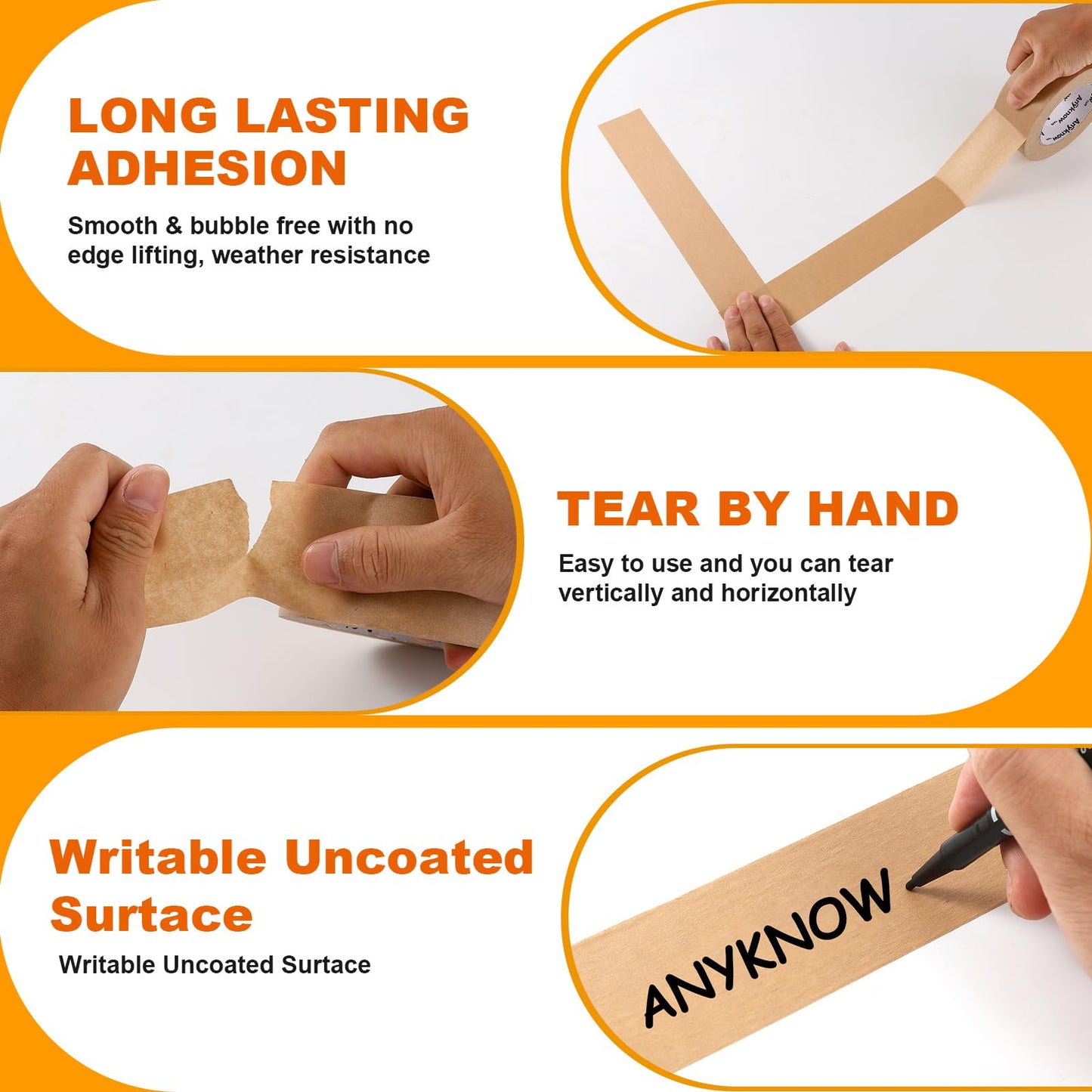 Anyknow Kraft Paper Packing Tape (6 Rolls), 2 Inch x 55 Yards, Heavy Duty Brown Shipping Tape with Natural Rubber, Silent & Writable Self-Adhesive for Moving & Small Business