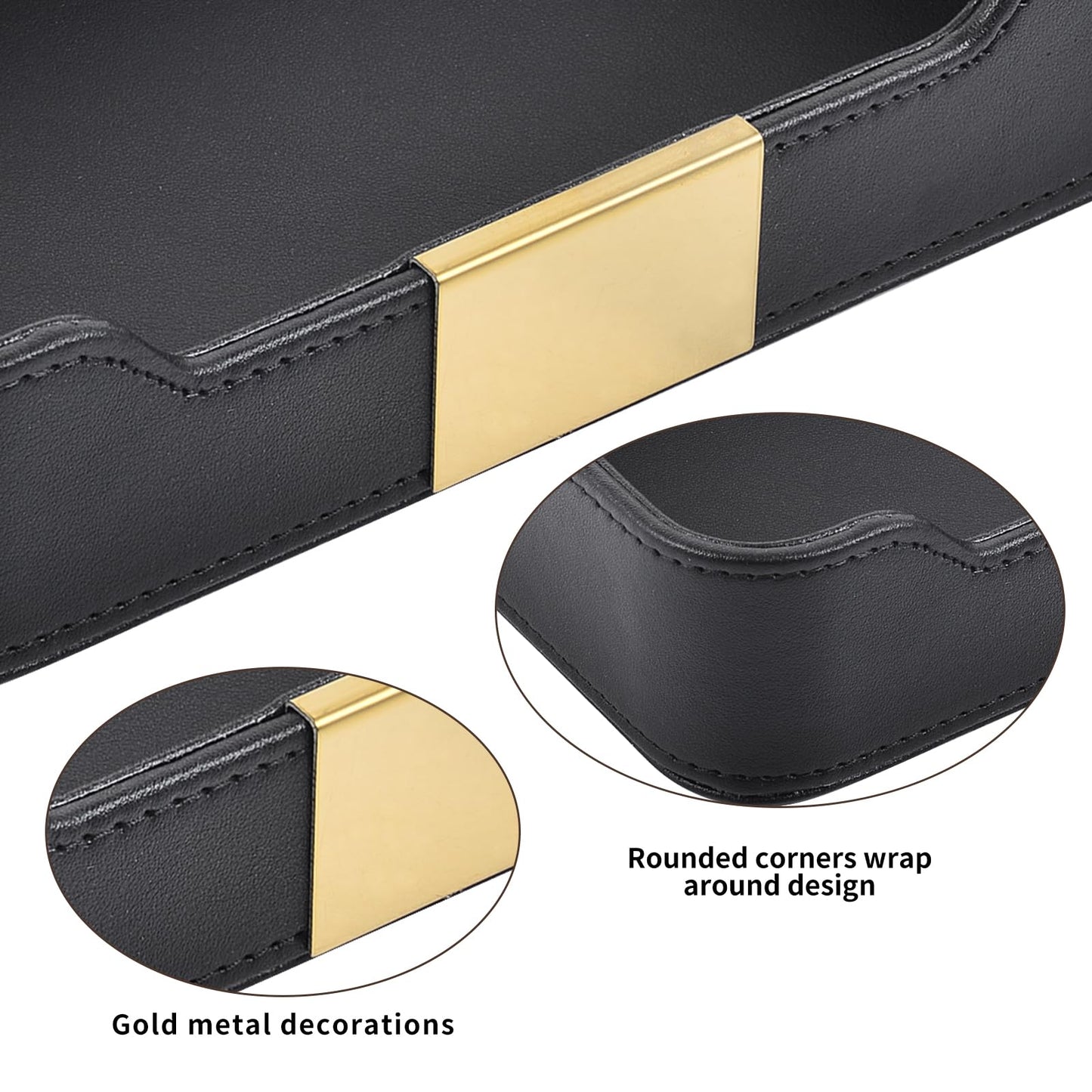 RHCSZ Luxury Leather Valet Tray Desktop Storage Organizer,Bedside Vanity Catchall Tray Nightstand Caddy Holder for Cosmetic,Jewelry,Watch,Keys,Phone,Wallet,Remote Controller,Pen,Black