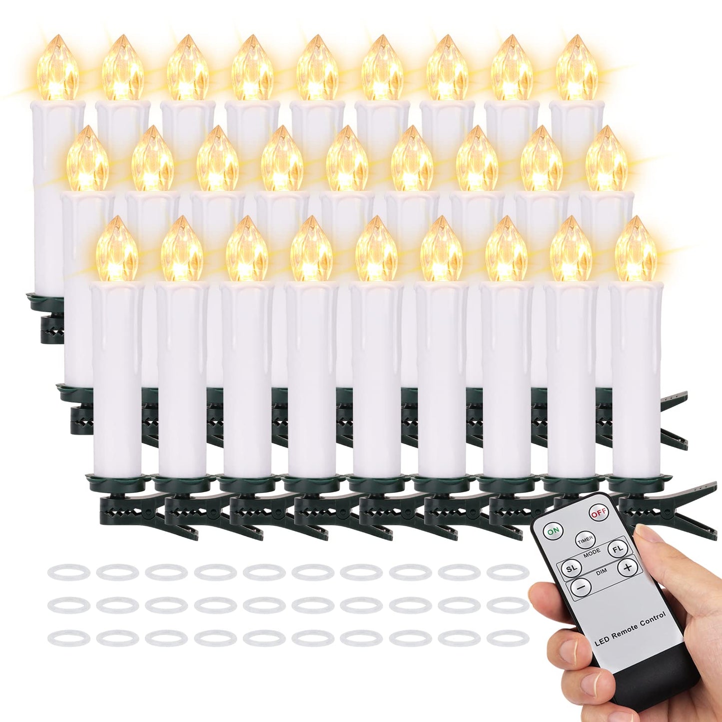 FREEPOWER 30PCS Flameless LED Taper Candles Battery Operated Christmas Tree Candle Lights With Remote Timer, Flickering Flame Mini Clip on Candles For Christmas Trees Garden Parties Home Decor (White)