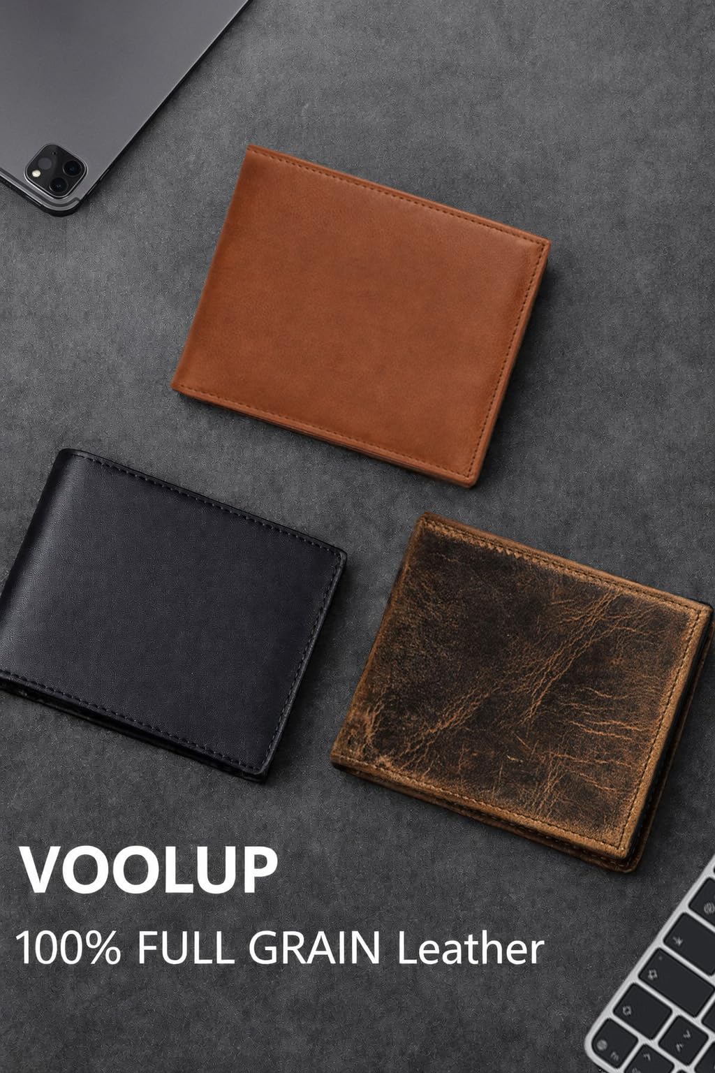 Voolup Men's Leather Wallet, RFID Blocking Slim Bifold Wallet for Men – Top Grain Leather, 12 Card Slots, 2 ID Windows, Minimalist Front Pocket Wallet, Gift Box Included (Rustic Brown)