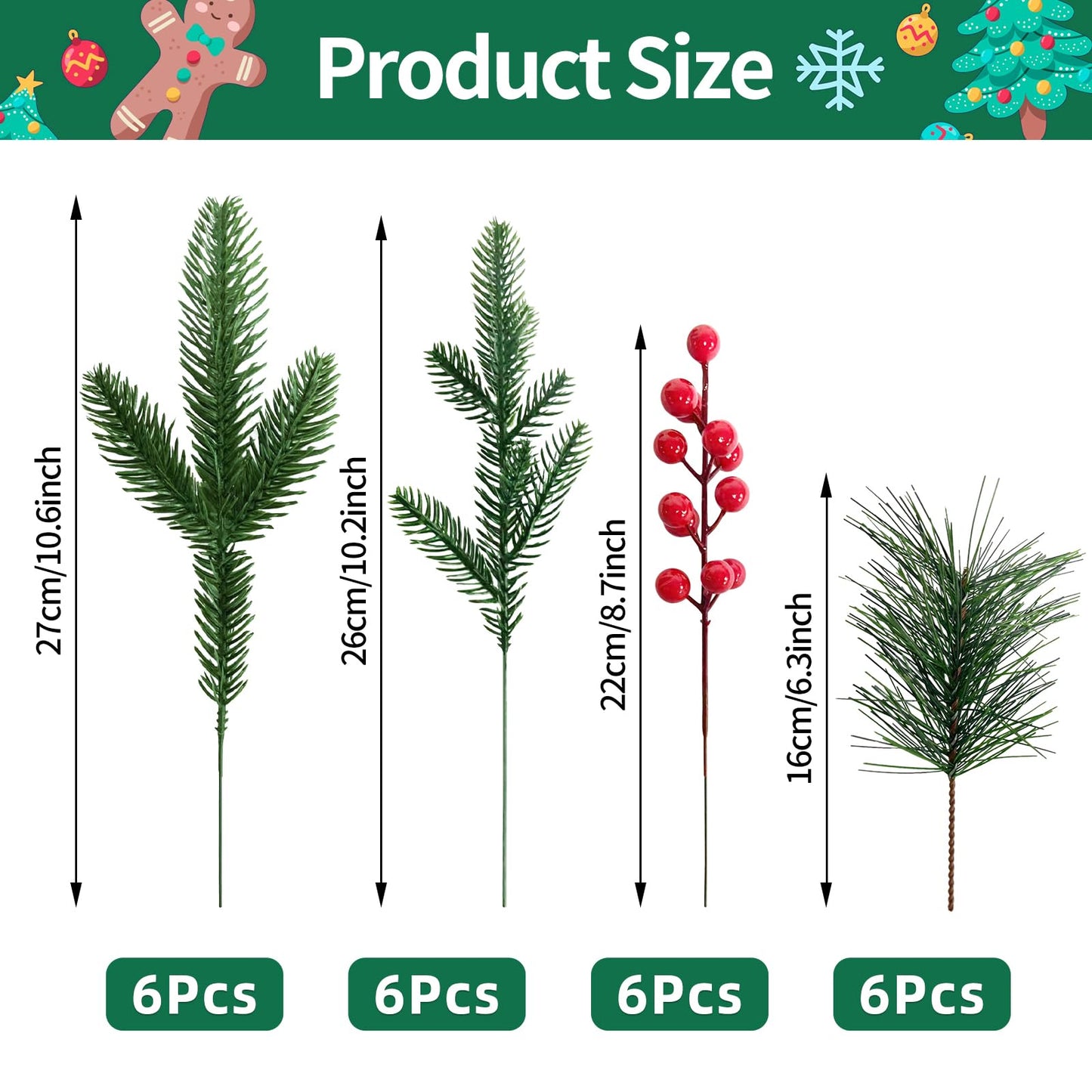 24 Pcs Christmas Artificial Pine Picks and Red Berry Stems, 10.5 Inch Greenery Pine Sprigs, 8 Inch Red Berry Branches, Faux Holiday Floral Picks for Wreaths, Garlands, Craft DIY, and Xmas Decorations
