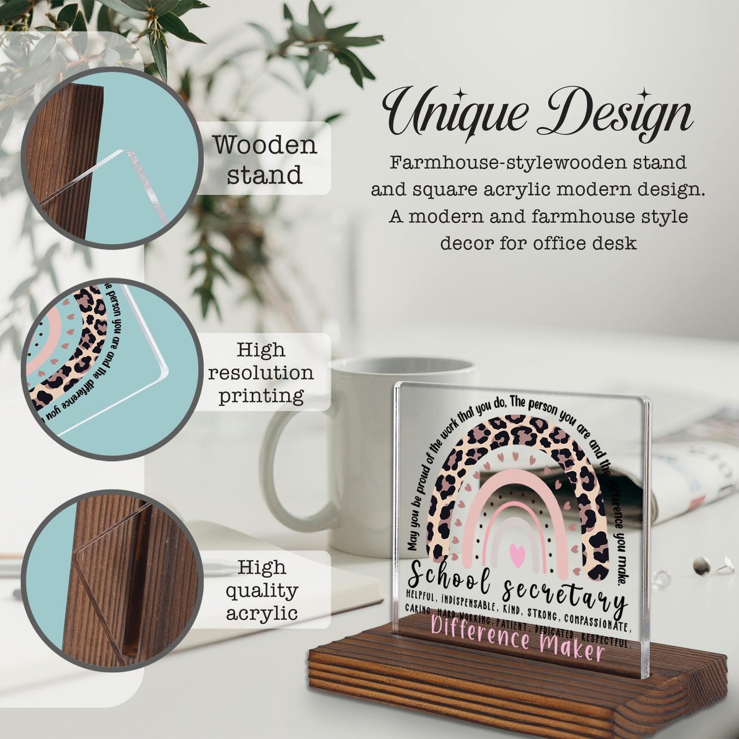 School Secretary Appreciation Gift Desk Sign, Leopard Rainbow Difference Maker Plaque, Office Decor Thank You Gift for School Office Staff PA075