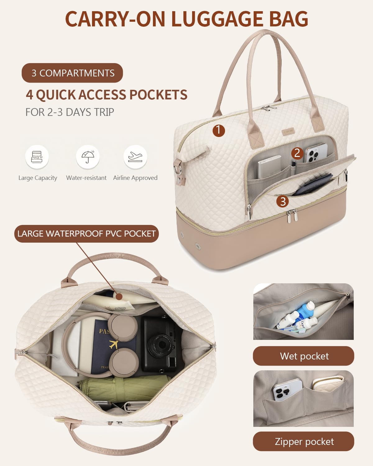 CLOKARS Weekender Bags for Women, Travel Duffle Bag Carry On Overnight Bag with Cosmetics Bag and Crossbody Purse for Gym Hospital, Gifts for Women, Beige Camel