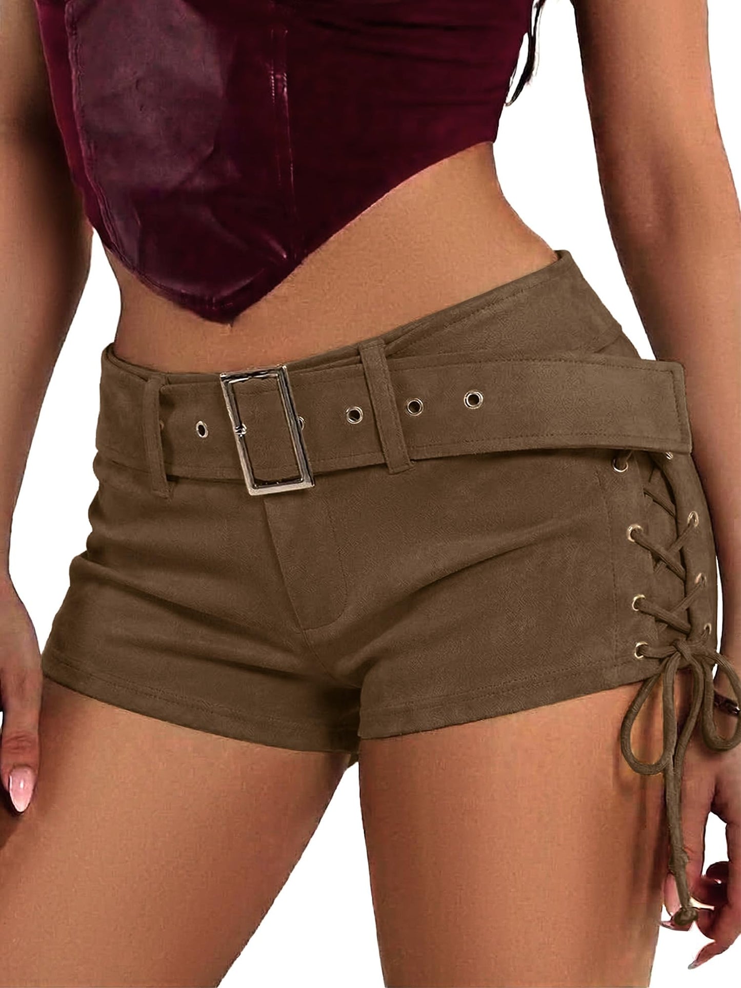 ELLEVEN Women's Faux Leather Micro Shorts Lace Up Side Low Rise Buckle Belt Y2k Western Sexy Cheeky Booty Skinny Lounge Casual Mini Shorts for Women Going Out Club Rave Outfits Brown Medium