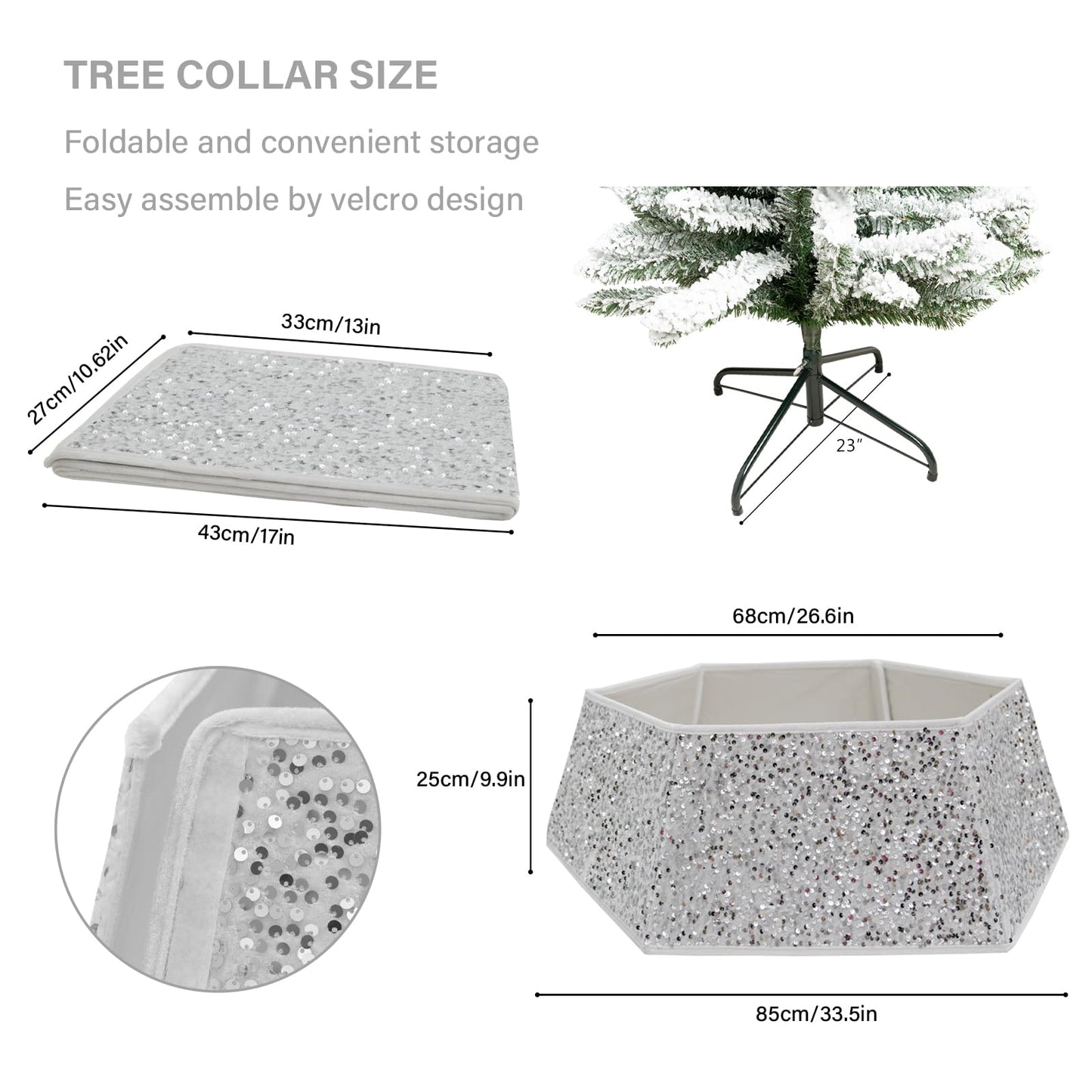 White Christmas Tree Collar with Sparkling Sequins,Christmas Tree Collars for Atificial Trees, 33.5 Inch Christmas Tree Skirt, Xmas Tree Stand Base Cover,Holiday Home Decor Tree Ring(Large)