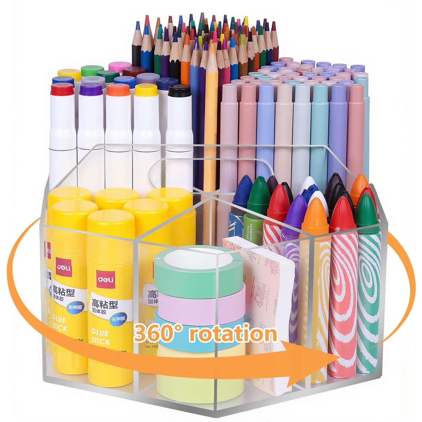 Hiborateed Pen Holder for Desk Acrylic, Large 6 Slots 360-Degree Rotating Marker Organizer Pencil Holder, Caddy Art Supply Organizer Crayon Organizers for Office School