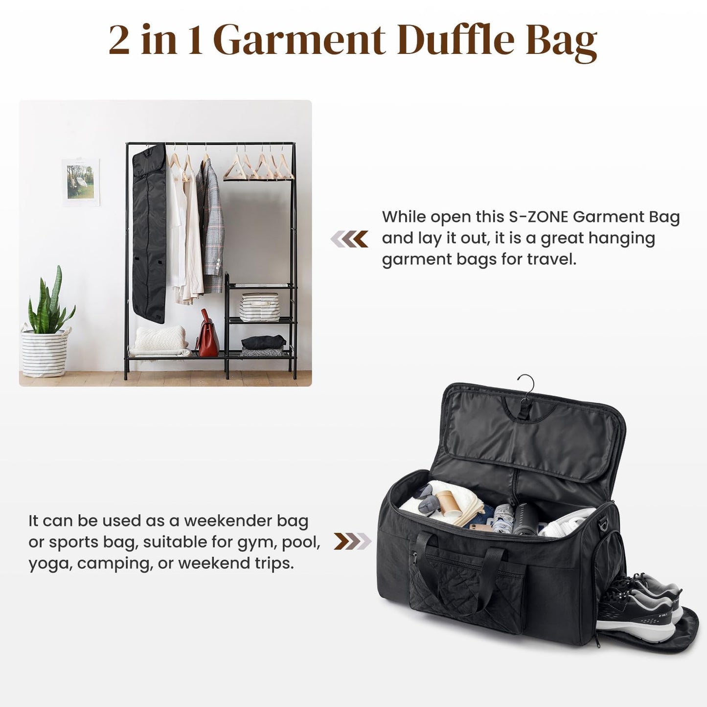 S-ZONE Garment Duffle Bags for Travel Carry on Convertible 2 in 1 Suit Bags Hanging Suitcase with Toiletry Bag 50L