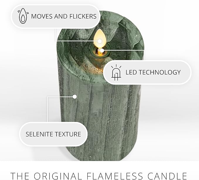 Luminara Selenite Looking Flameless Candle, Holiday Green 3" x 6.5", Battery Operated Real Wax Moving Flame LED Pillar w/Timer, Home Decor Unscented
