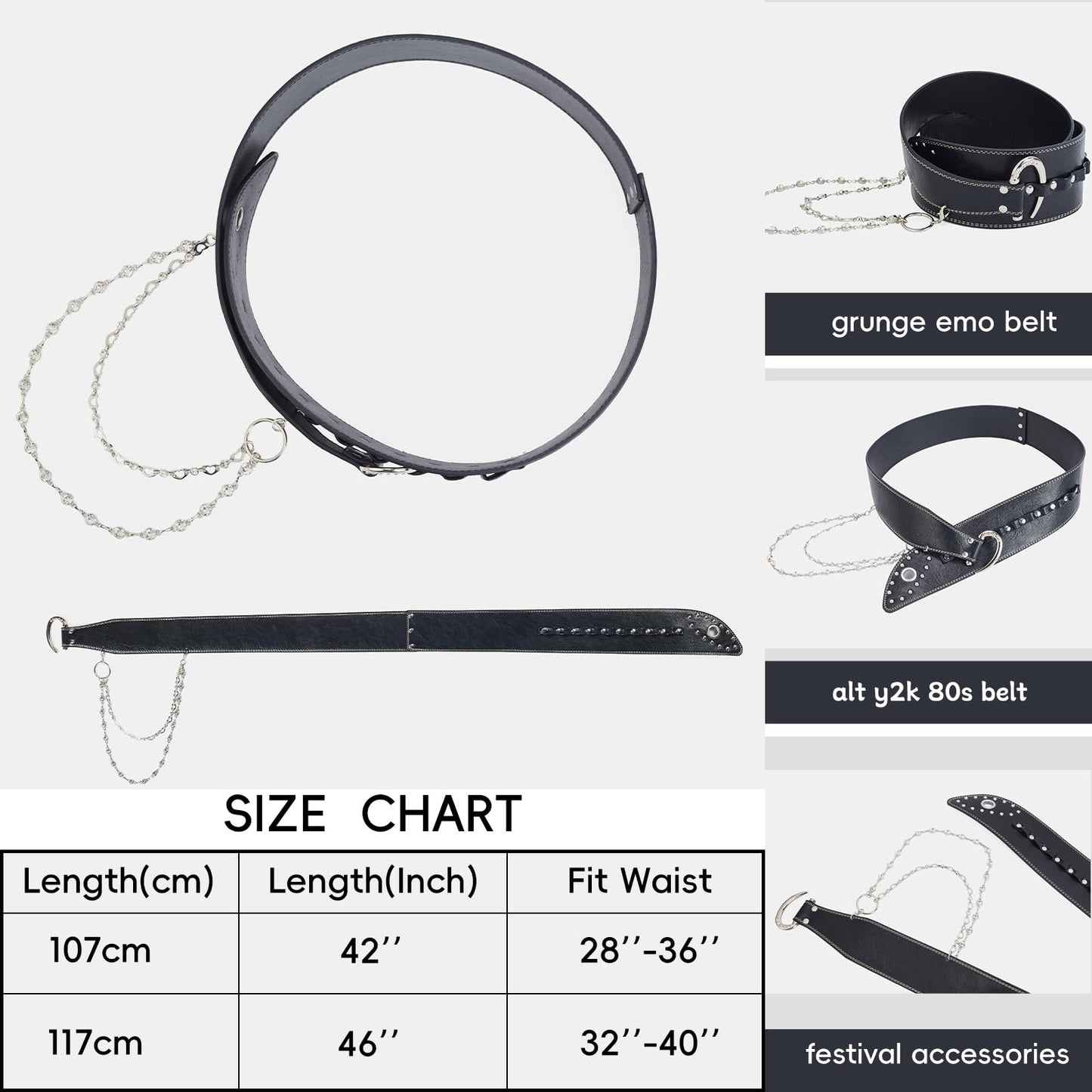 VQYVRZC Goth Belt for Women Wide Black Punk Accessory Studded Rivets with Detachable Crystal Waist Chain Rock Rave Emo Style