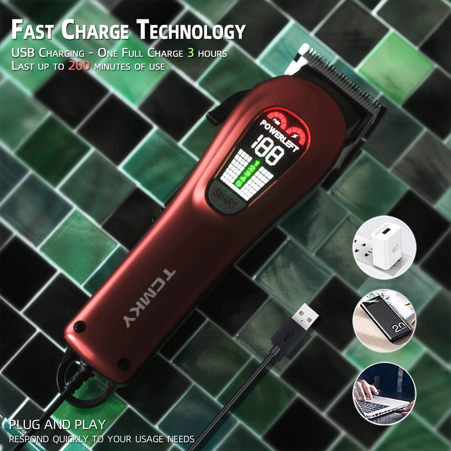 Hair Clippers for Men Professional Clippers for Men Cordless&Corded Barber Clippers for Hair Cutting & Grooming. Rechargeable Hair Trimmer Kit for Household (Red)
