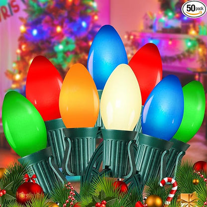 50 Feet C7 LED Christmas Lights Outdoor Multicolor Christmas Lights with 50 + 5 LED C7 Bulbs - for Holiday Xmas Decorations - Light Up House Stairs Porch Tree Yard Decor, Energy Efficient 0.6W = 7W