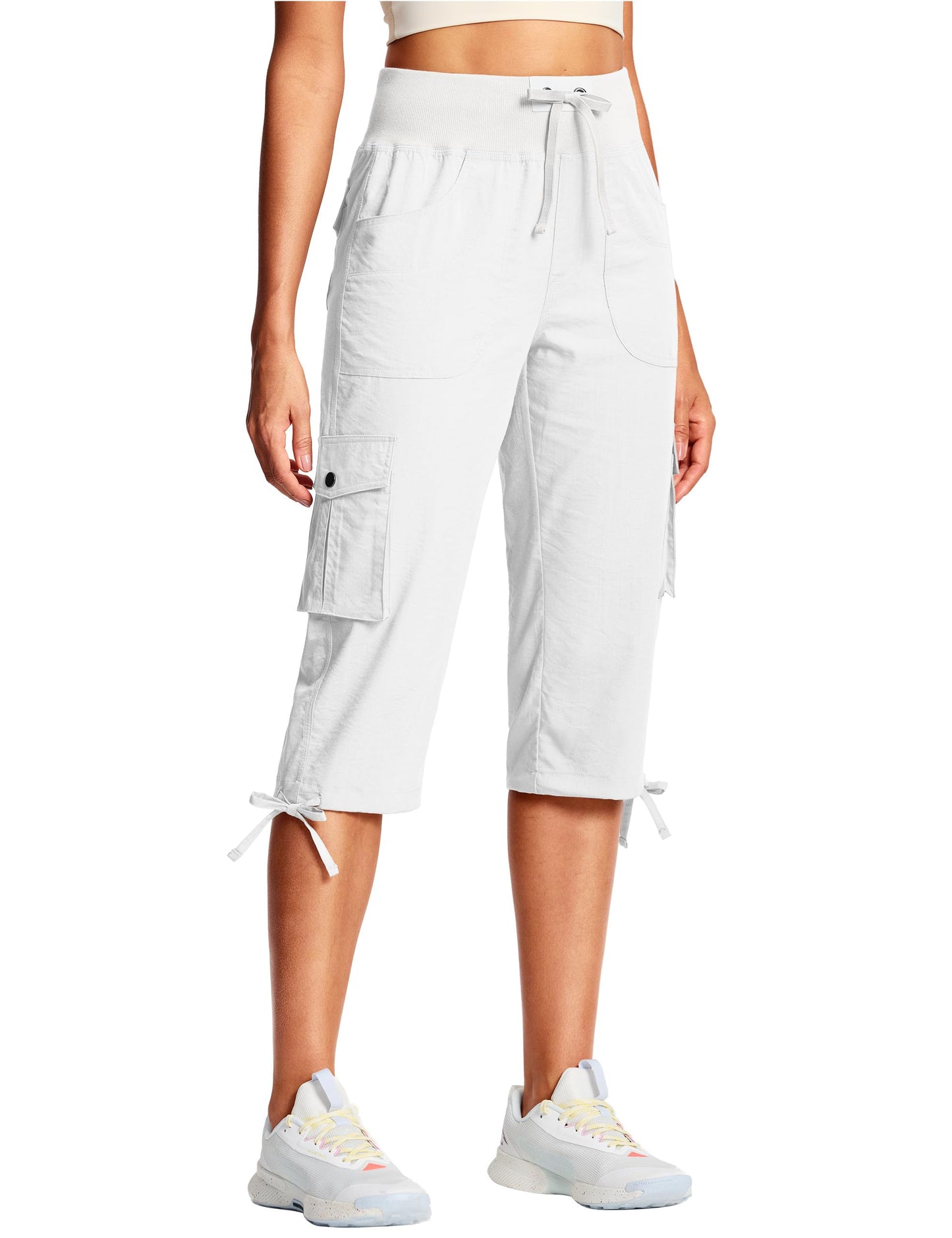 ISEEGZ 18" Capri Pants for Women Cargo Hiking Pants Lightweight Women's Capris with 6 Pockets Summer Casual Travel White