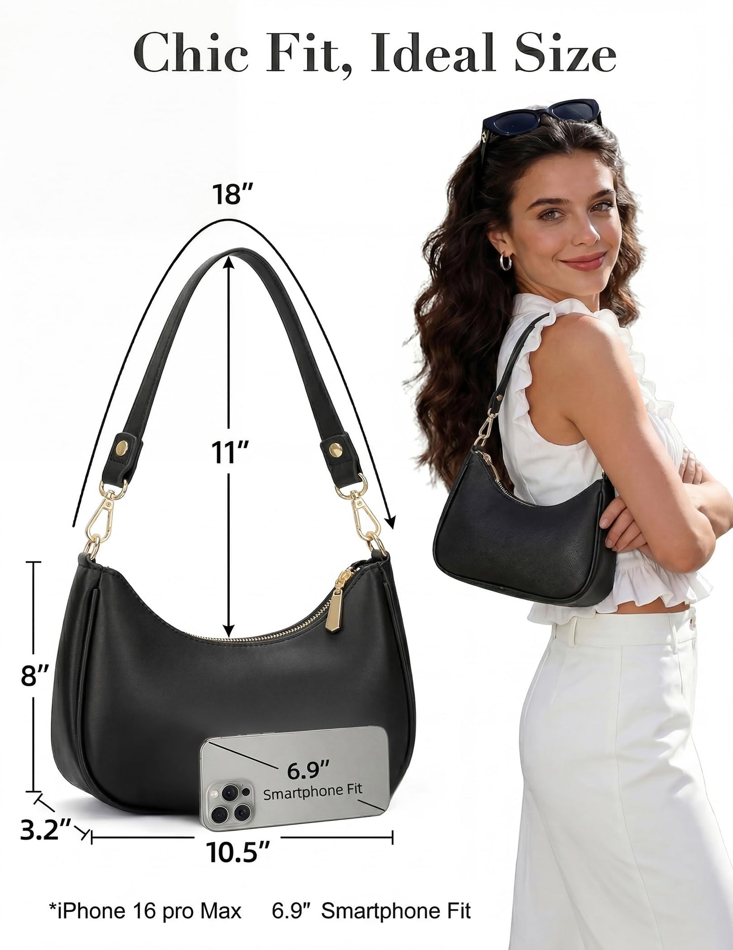 Mivorica Small Shoulder Bag for Women - Trendy mini Crescent Purse & Handbag with Detachable Chain Strap - Cute Mini Hobo Clutch for Travel & Party, Classic Black Faux Leather