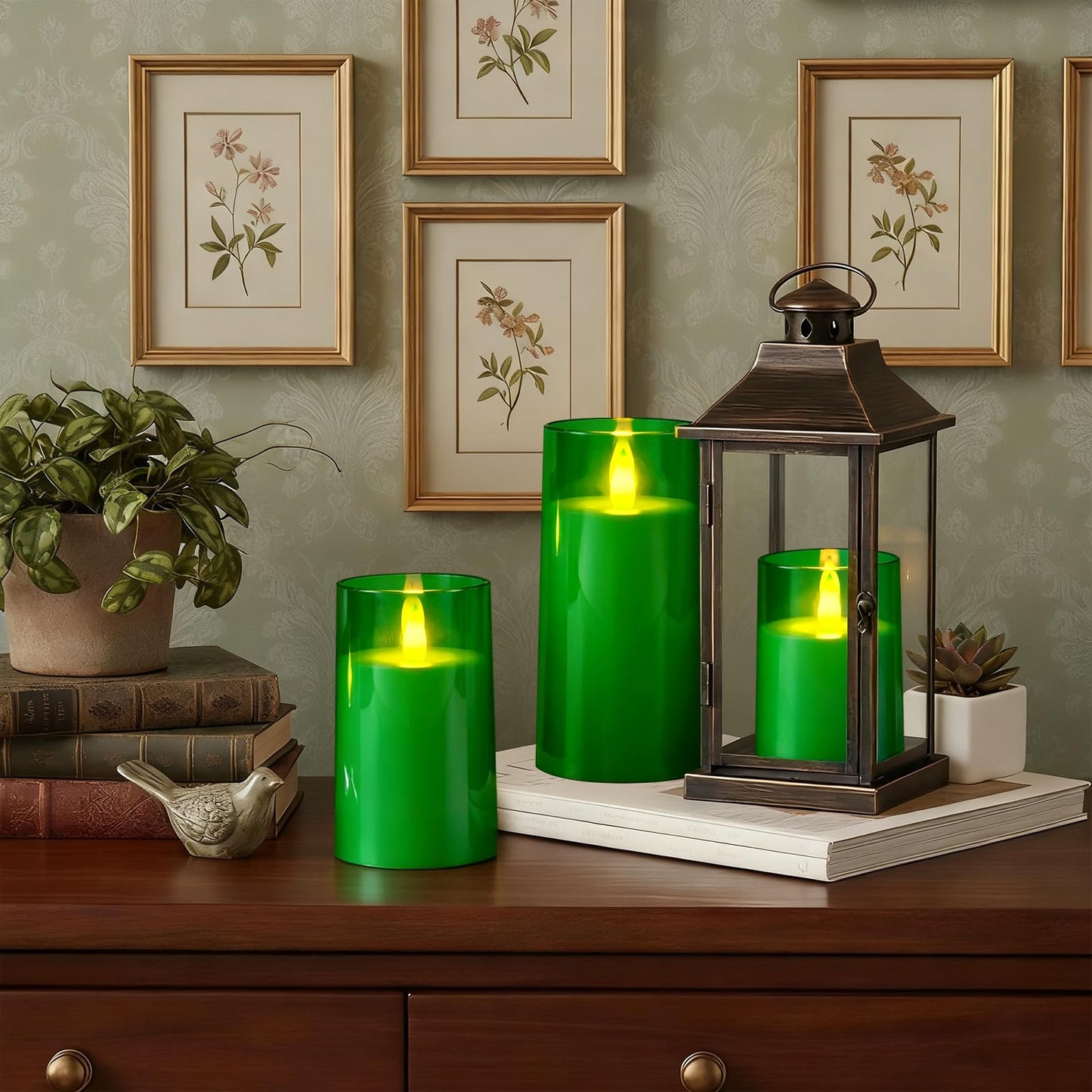 Raycare St. Patrick's Day Flameless Electronic Pillar Candles with Remote Control and Timer- Battery Operated Realistic Flickering LED Fake Candle for Home, Wedding Decor,Green,Set of 3(3"x4"5" 6")