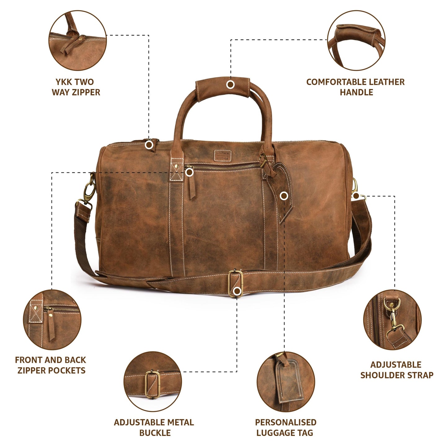Leather Village Leather Duffel Bags for Men & Women-Stylish Travel Weekender Carry-On Sports Gym Overnight Luggage Bag - 20 Inch - Vintage Brown