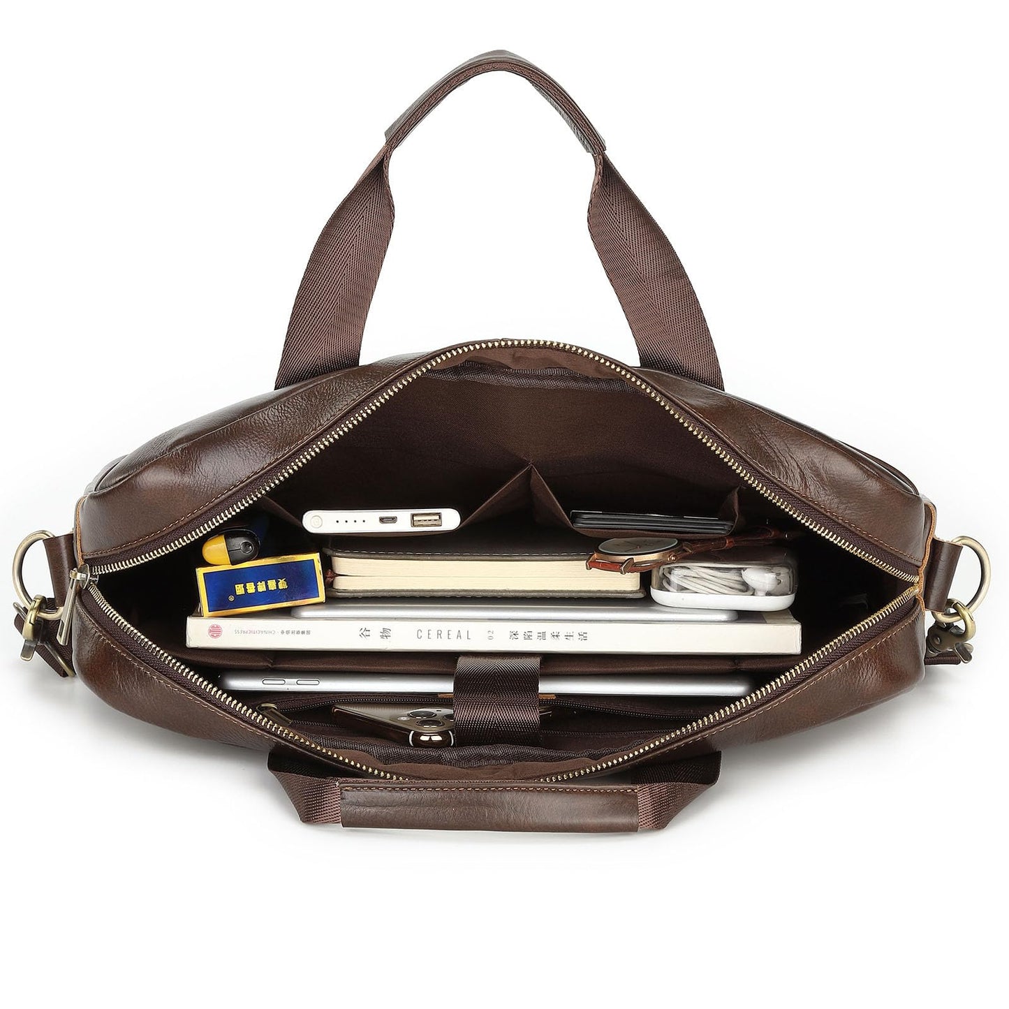 SHENGLAICAI 15.7 Inch Leather briefcases Laptop Messenger Bags for Men Best Office Shoulder Satchel Laptop Bag (Coffee)