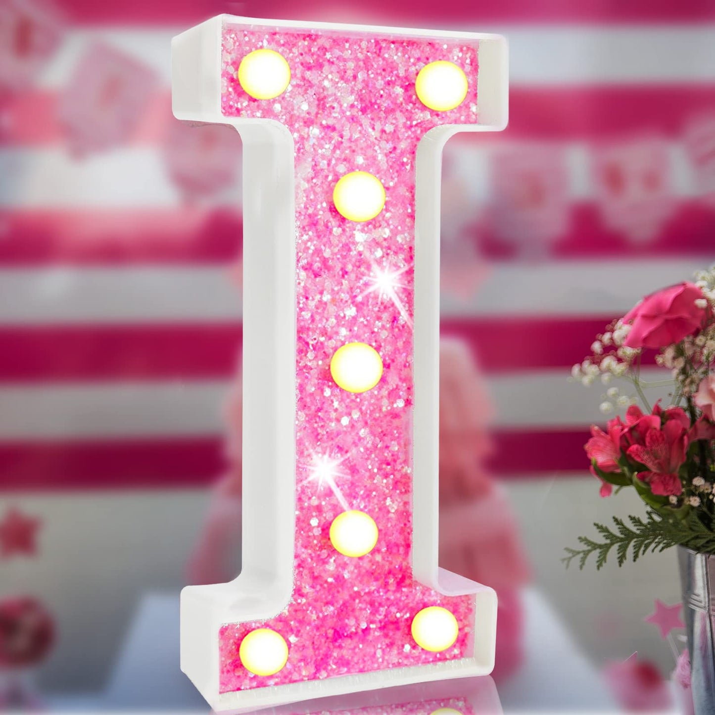 Pink Light Up Letters, Glitter Alphabet Letter Sign LED Marquee Letter Lights Battery Powered for Night Light Girls Bedroom Birthday Party Wedding Home Christmas Decorations Gift for Her-Pink I