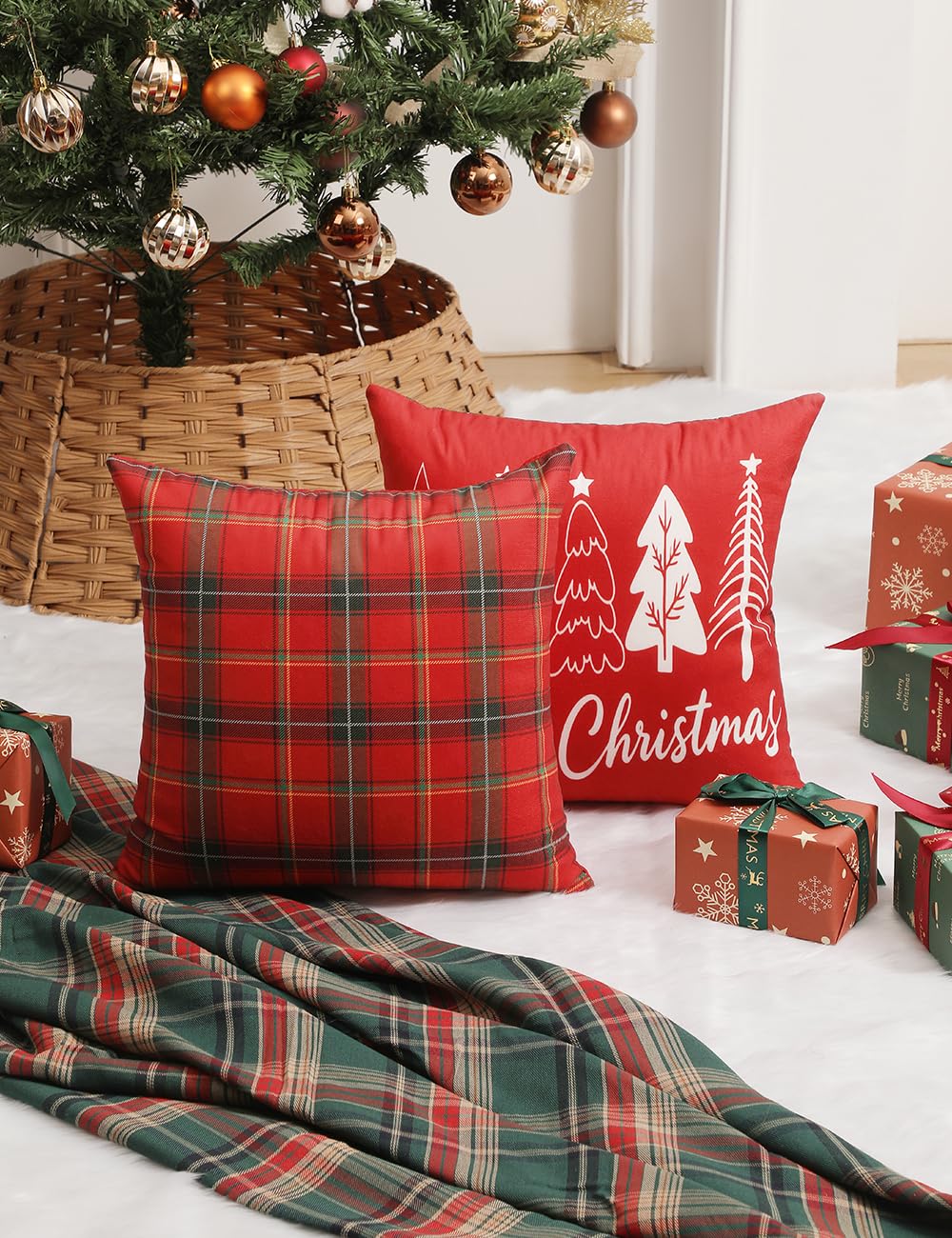 TOYPOPOR Christmas Decorations, Double Sided Plaid Throw Pillow Covers 18x18 Inches Set of 4, Christmas Tree, Snowflakes, Merry Christmas, Snowman Reindeer Winter Holiday Pillowcase for Sofa Couch