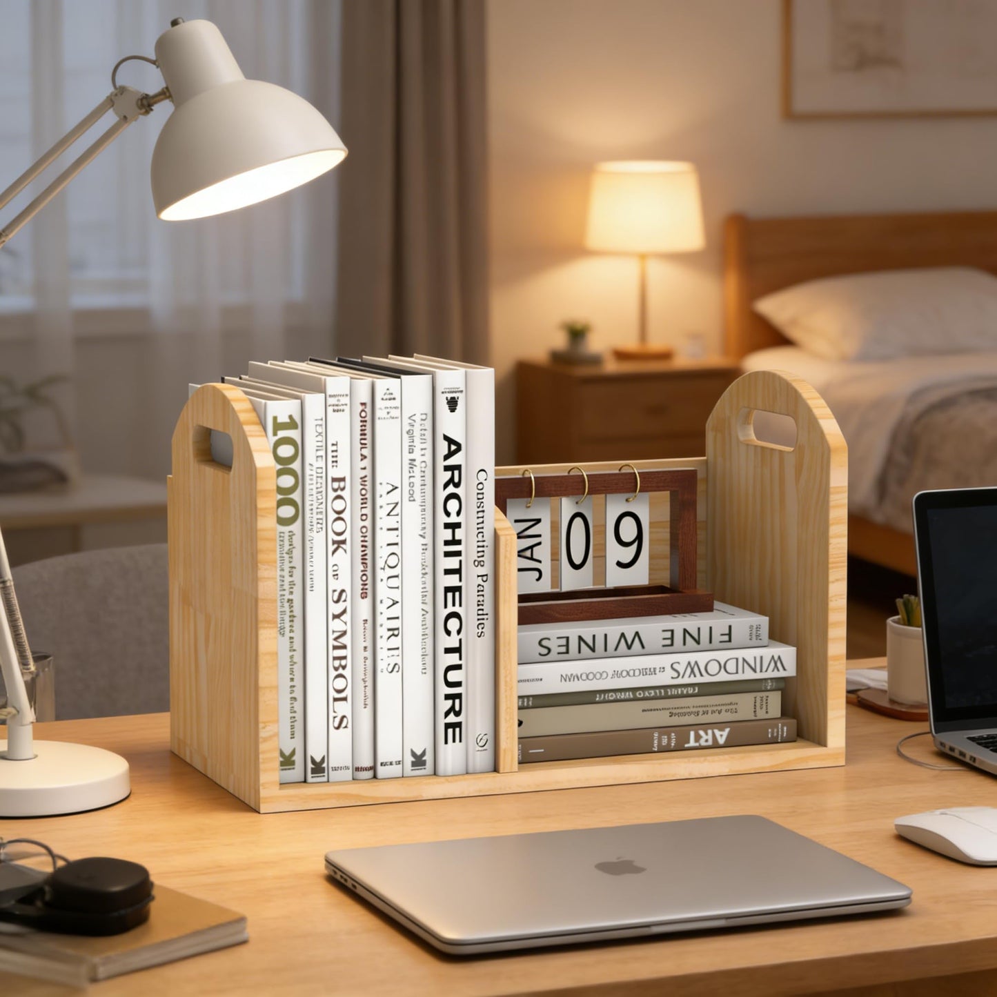 100% Solid Wood Adjustable Desktop Bookshelf, Retro Tabletop Book Shelf File Holder, Vertical Bookshelf Divider Desk Shelf for Home School Office Organization, Perfect for Books, Cookbooks, Magazine