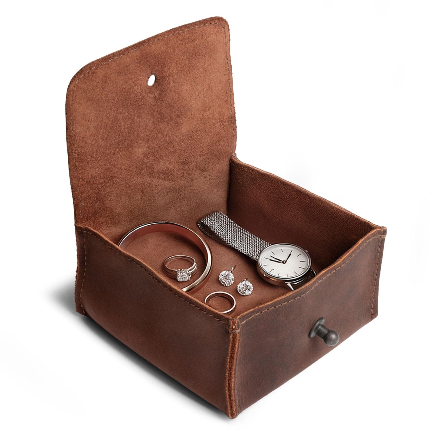 Hide & Drink, Jewelry Pouch, Mini Travel Size Box, Rings & Precious Articles Storage Organizer, Groom & Bridesmaid Wedding Gifts, Full Grain Leather, Handmade, Bourbon Brown