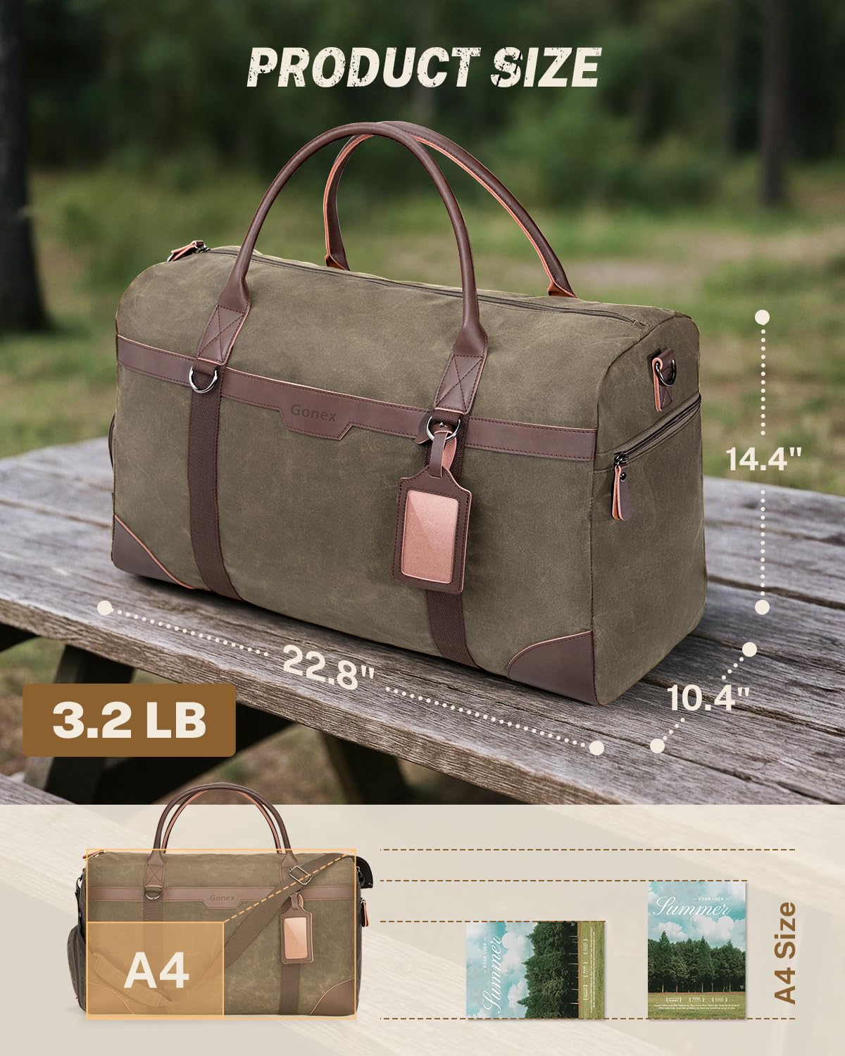 Gonex Waxed Canvas Duffle Bag for Travel, Water-resistant Vintage 55L Duffel Weekender with Shoes Compartment & Luggage Tag, Heavy-duty Overnight Bag with Suitcase Handle Sleeve for Men, Army Green