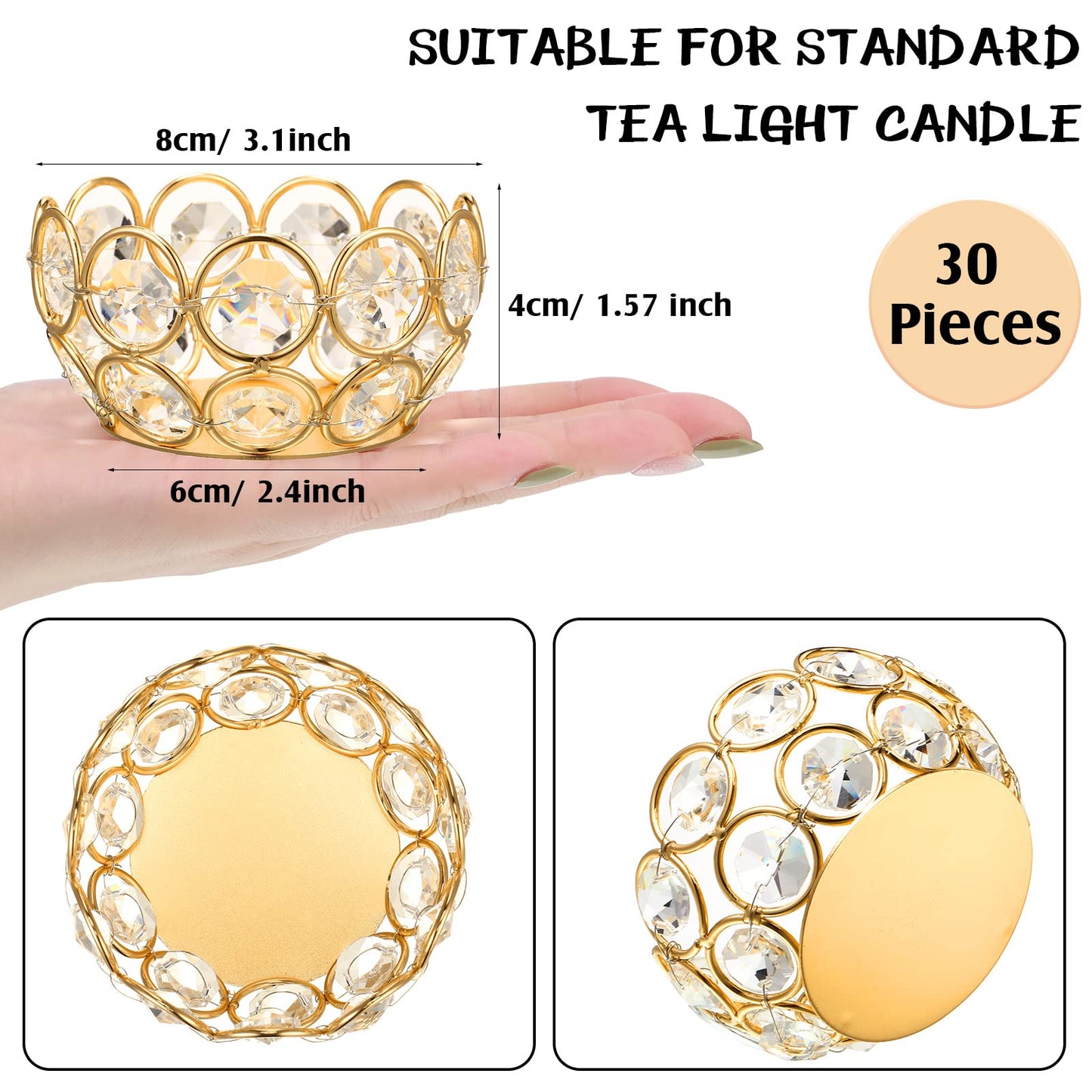 Potchen 30 Pcs Tea Light Candle Holders - Crystal Votive Candle Holders Tealight Jewel Bowl Stands Decorative Centerpiece for Wedding Party Home Table Decor (Gold)