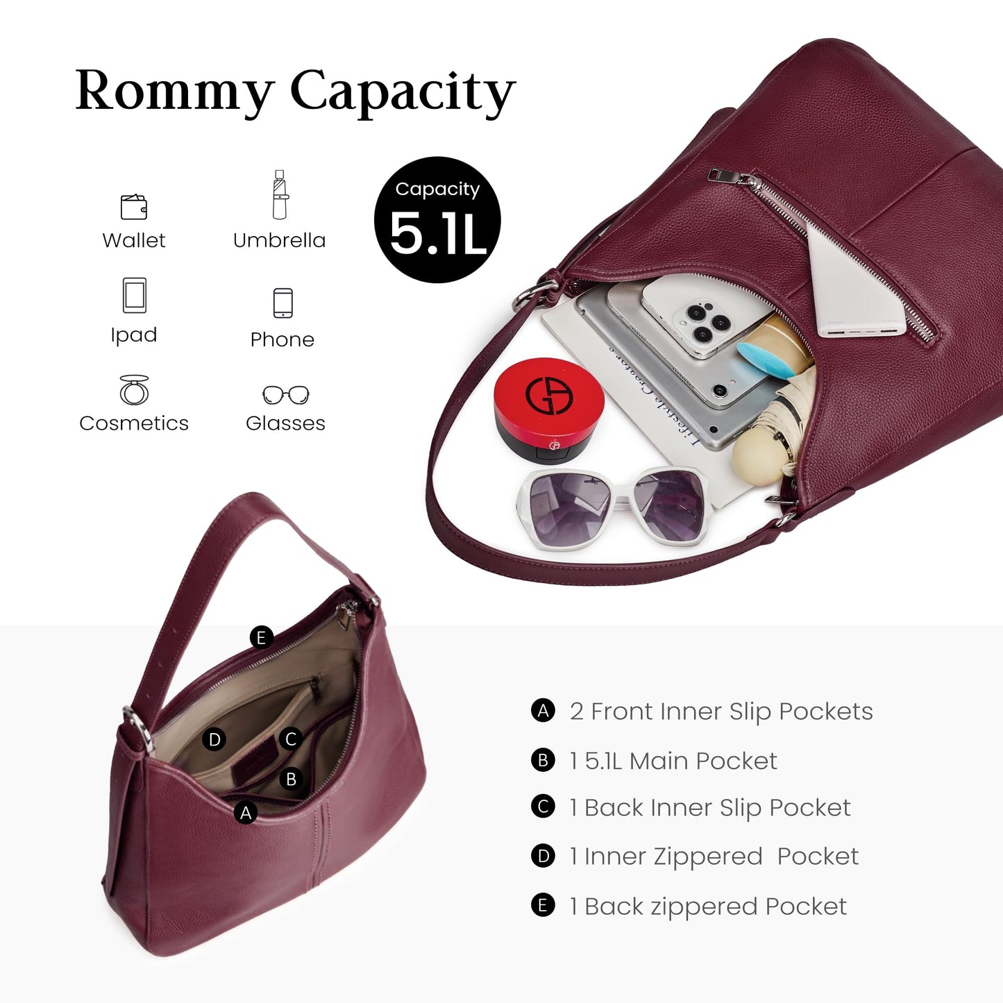 befen Genuine Leather Hobo Bags for Women, Soft Real Leather Women's Shoulder Bag Handbags, Shoulder Purse Designer Bags with Adjustable Strap for Daily Work Travel Fall Fashion, Burgundy