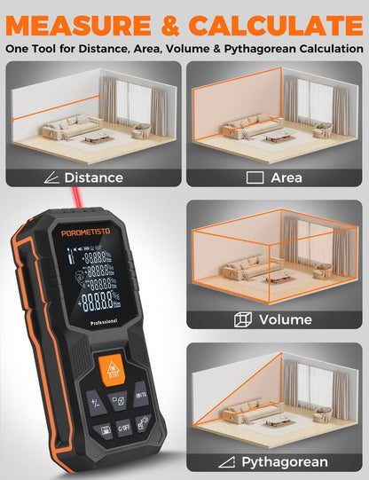 Laser Distance Meter POROMETISTO 262ft/80m, Digital Angle Finder,12 Modes for Angle Area Volume Pythagorean Distance, ±2mm High Accuracy, Tripod Interface Design Handheld Digital Rangefinder