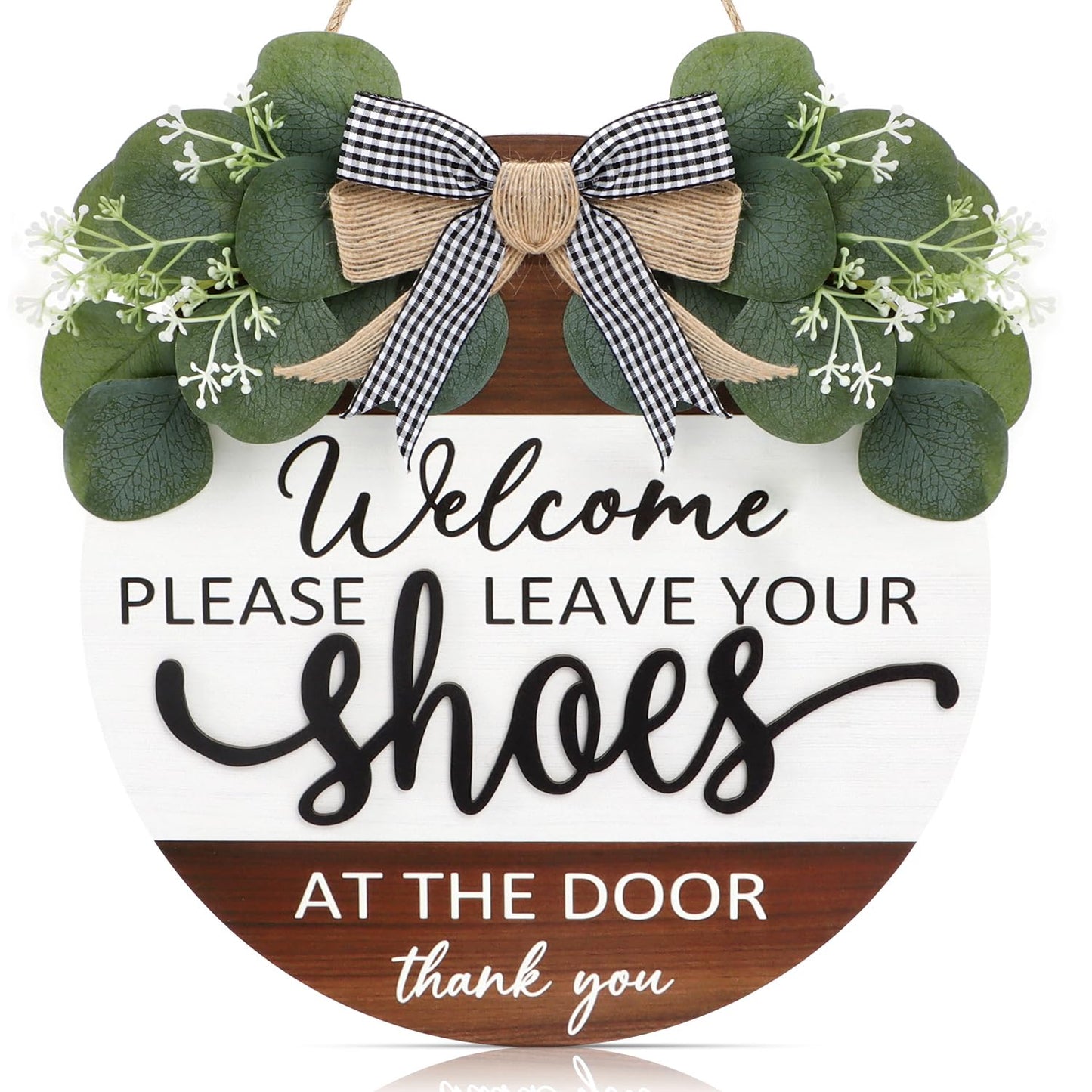 TOARTi 3D Welcome Wreath Bow-Knot Front Door Wood Sign Hanging, Please Leave Your Shoes Funny Sign Round Plaque, Shoes Off No Shoes Sign for Home Porch Entrance Decoration