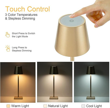 2 Pack Rechargeable Cordless Table Lamps, 5200mAh Battery Touch Table Light, Aluminum Shell Stepless Dimmable Portable LED Desk Lamp for Dinner/Restaurant/Outdoor Gold