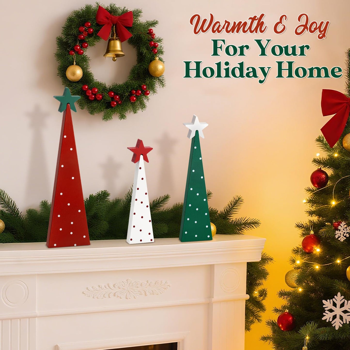 Shaxcoq Christmas Decorations Indoor – Wooden Tabletop Christmas Tree with Star Toppers, Festive Holiday Decorations for Mantel Fireplace Office Kitchen (3pcs)