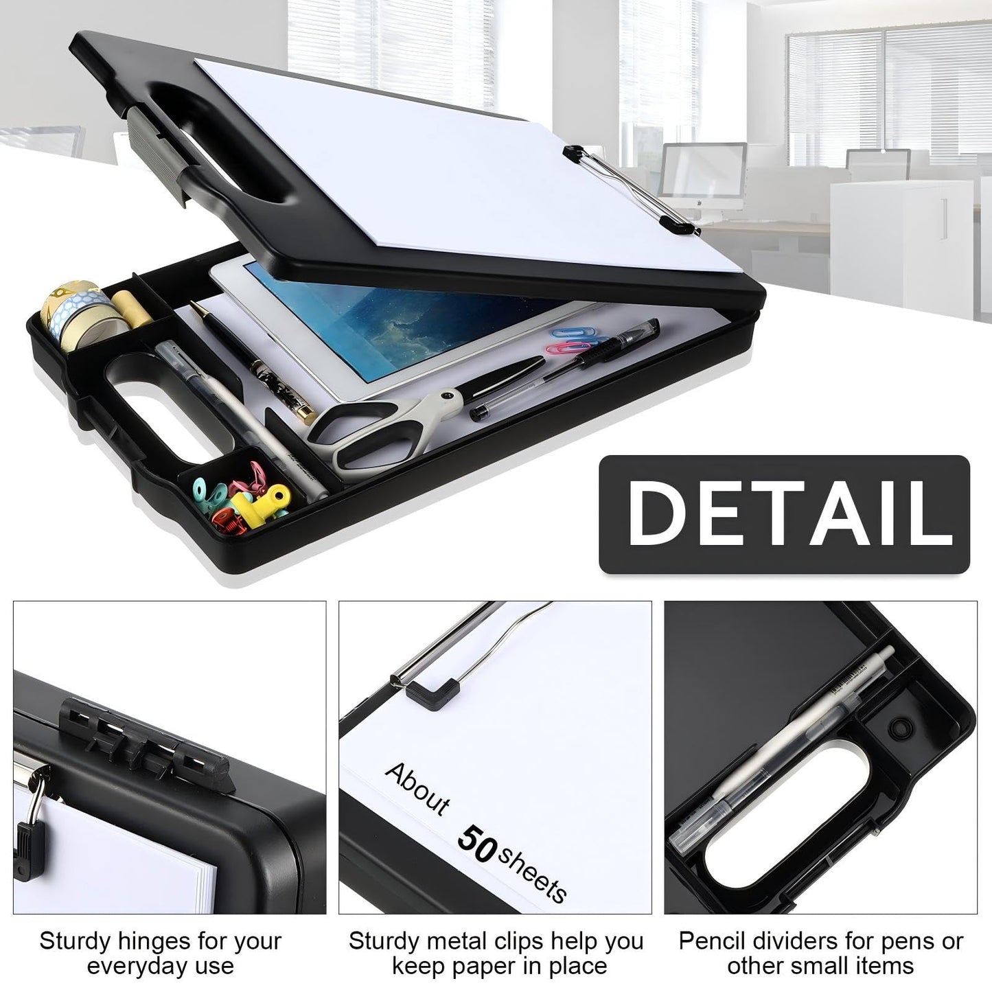 Fainne 6 Pcs Heavy Duty Clipboard with Storage and Handle Plastic Compartments Built-in Pen Holder Large Capacity Foldable Clipboard with Storage and Clip, 9.8x15.3(Black)