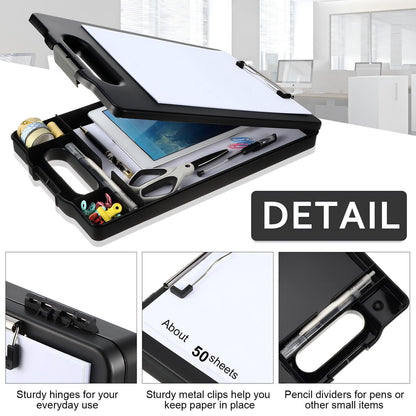 Fainne 6 Pcs Heavy Duty Clipboard with Storage and Handle Plastic Compartments Built-in Pen Holder Large Capacity Foldable Clipboard with Storage and Clip, 9.8x15.3(Black)