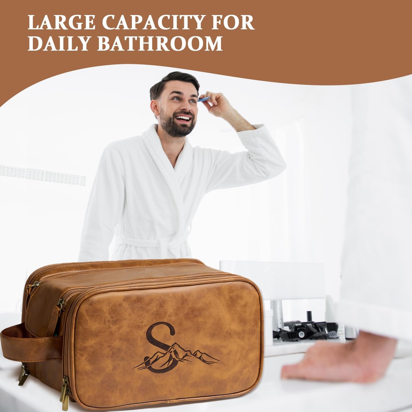 Janhavi Travel Essentials Toiletry Bag, Waterproof PU Leather Initials & Mountain, Groomsmen Gifts, Men's Accessories Organizer, Travel Bags for Men, Gifts for Men(Brown T)