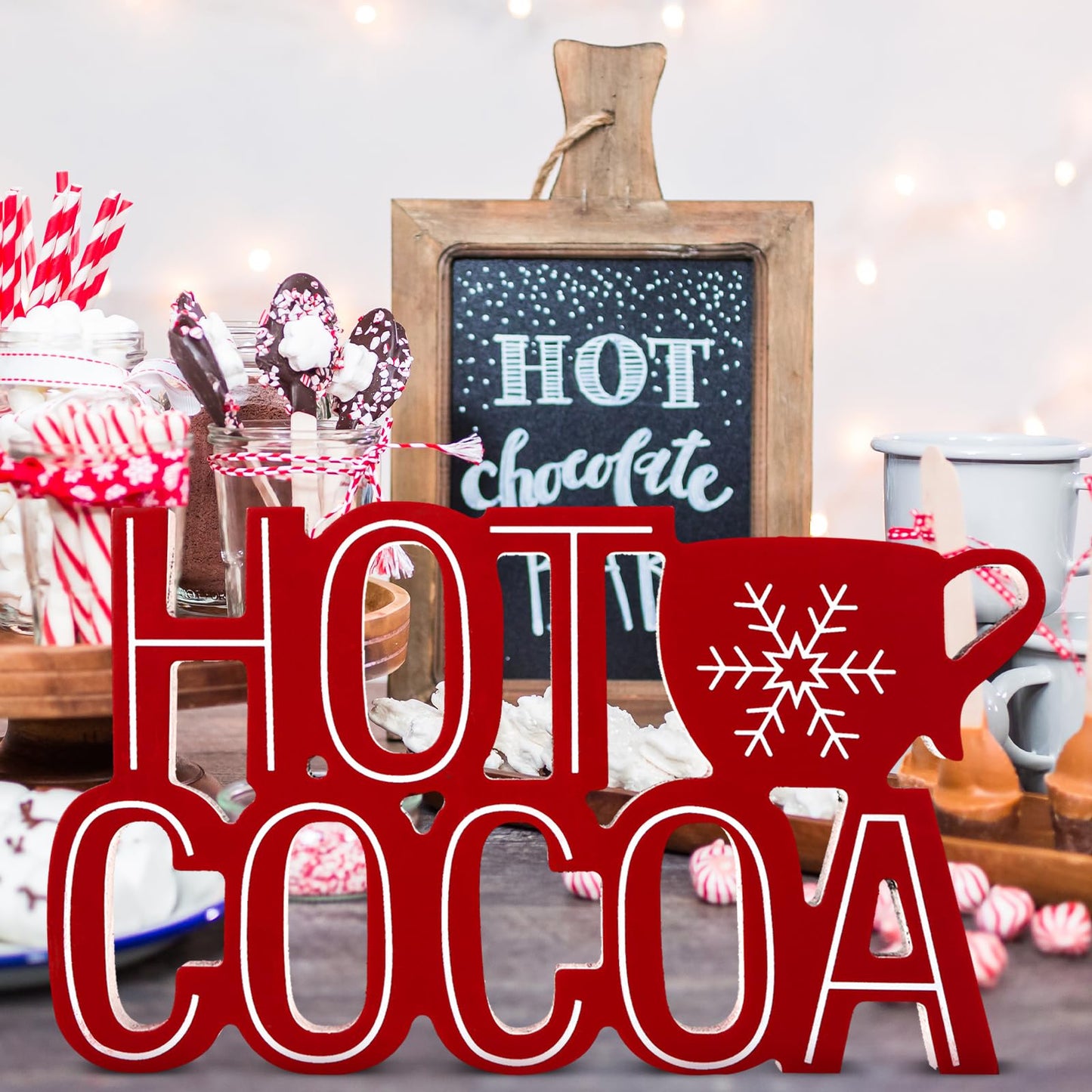 Roowest Christmas Hot Cocoa Bar Sign, Hot Cocoa with Mug Words Wood Tabletop Decoration Coffee Bar Wooden Block Sign for Table Shelf Home Kitchen Coffee Shop
