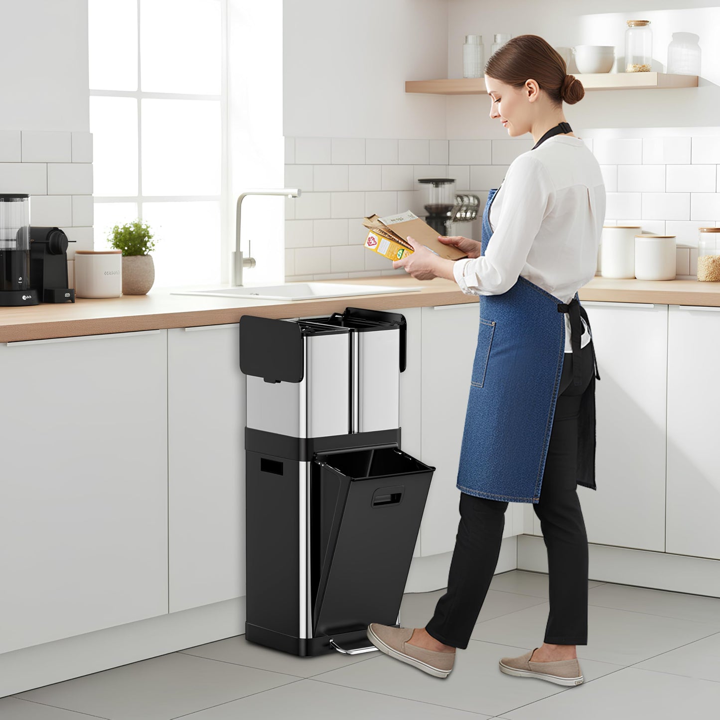 HOLDN’ STORAGE 32L Triple-Compartment Trash & Recycling Bin for Kitchen, 2 Removable Hook-On Bins, Multi-Access Opening, Odor Control, Stainless Steel, 3 Trash Bag Rolls Included