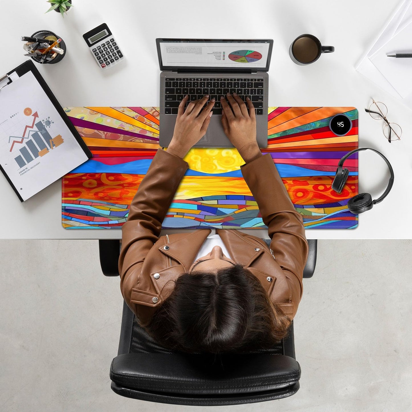 Heated Mouse Pad Hand Warmer, Warm Desk Pad Mousepad Desk Mat with 3 Levels Heating and 3 Hours Auto Shut Down 31.5 x 13 inch PU Leather Warmer Keyboard Mat for Gaming Laptop Office Home, A Art Sun