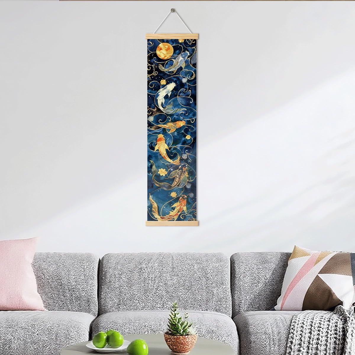 Koi Fish Porch Banner, Celestial Pond Vertical Door Banner, Moon Star Hanging Wall Decor for Front Door Entryway Bedroom Office Dorm, Housewarming Gifts