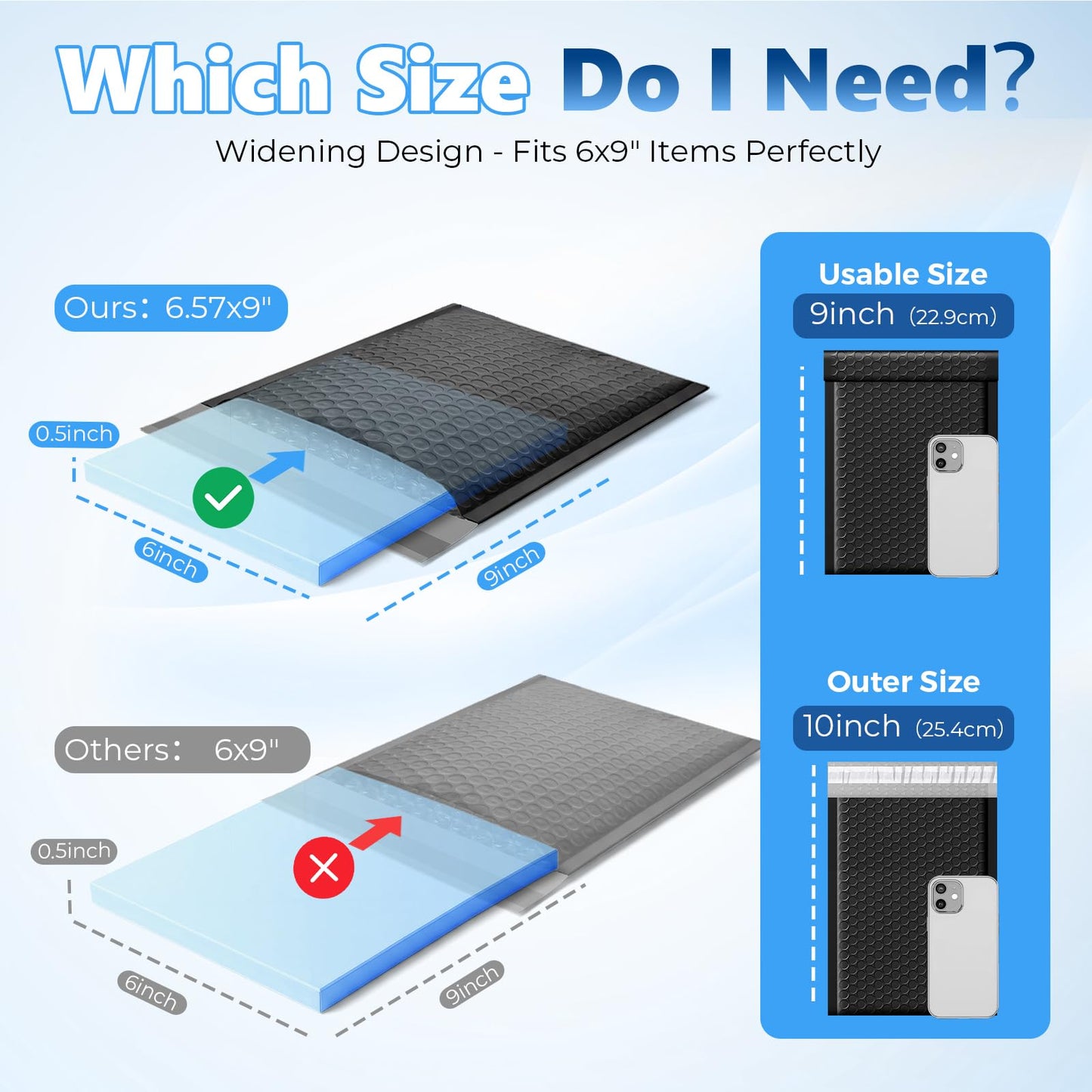 Metronic Extra Deep Bubble Mailers Usable Size 6x9" 50 Pack Padded Envelopes 6.57x10" Opaque Self Seal Adhesive Waterproof bubble envelopes Shipping Bag for CD,Jewelry,Small Business,Black,#0
