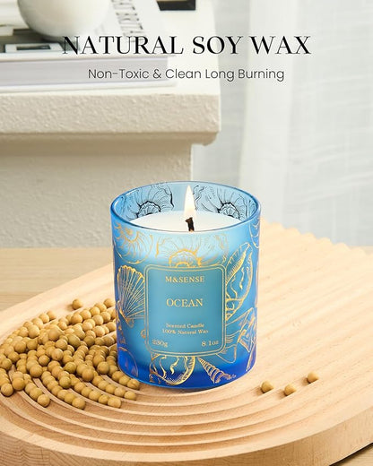 M&SENSE Ocean Scented Candles,Vegan Soy Candles,8.1oz 42-Hour Slow Burning Time,No Toxin Subtle Scented Home Fragrance for Summer Bathtub Aromatherapy Calming,Gifts for Women & Men