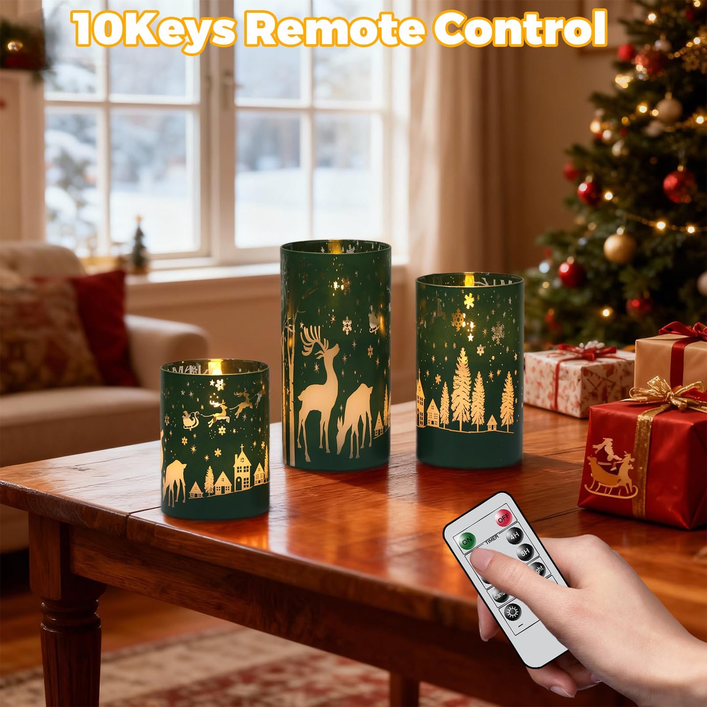 Wondise Christmas Reindeer LED Flameless Candles with Remote Timer, Electroplate Glass Battery Operated Real Wax Flickering 3D Wick Pillar Candles for Christmas Holiday Home Decoration