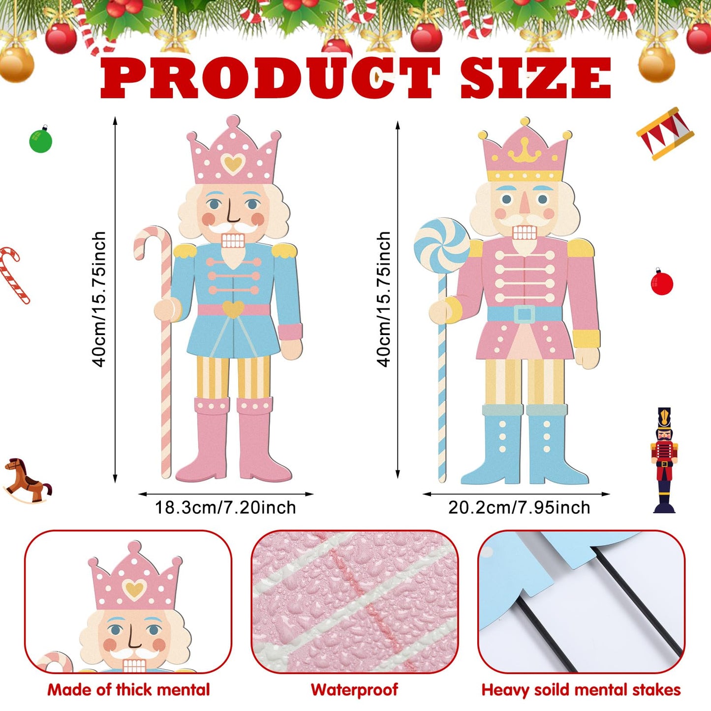 Pinkunn 2 Pcs Pastel Christmas Nutcracker Yard Stake Candy Cane Metal 3D Outdoor Christmas Decorations Xmas Nutcracker Yard Signs for Xmas Outdoor Garden Lawn Party Decor