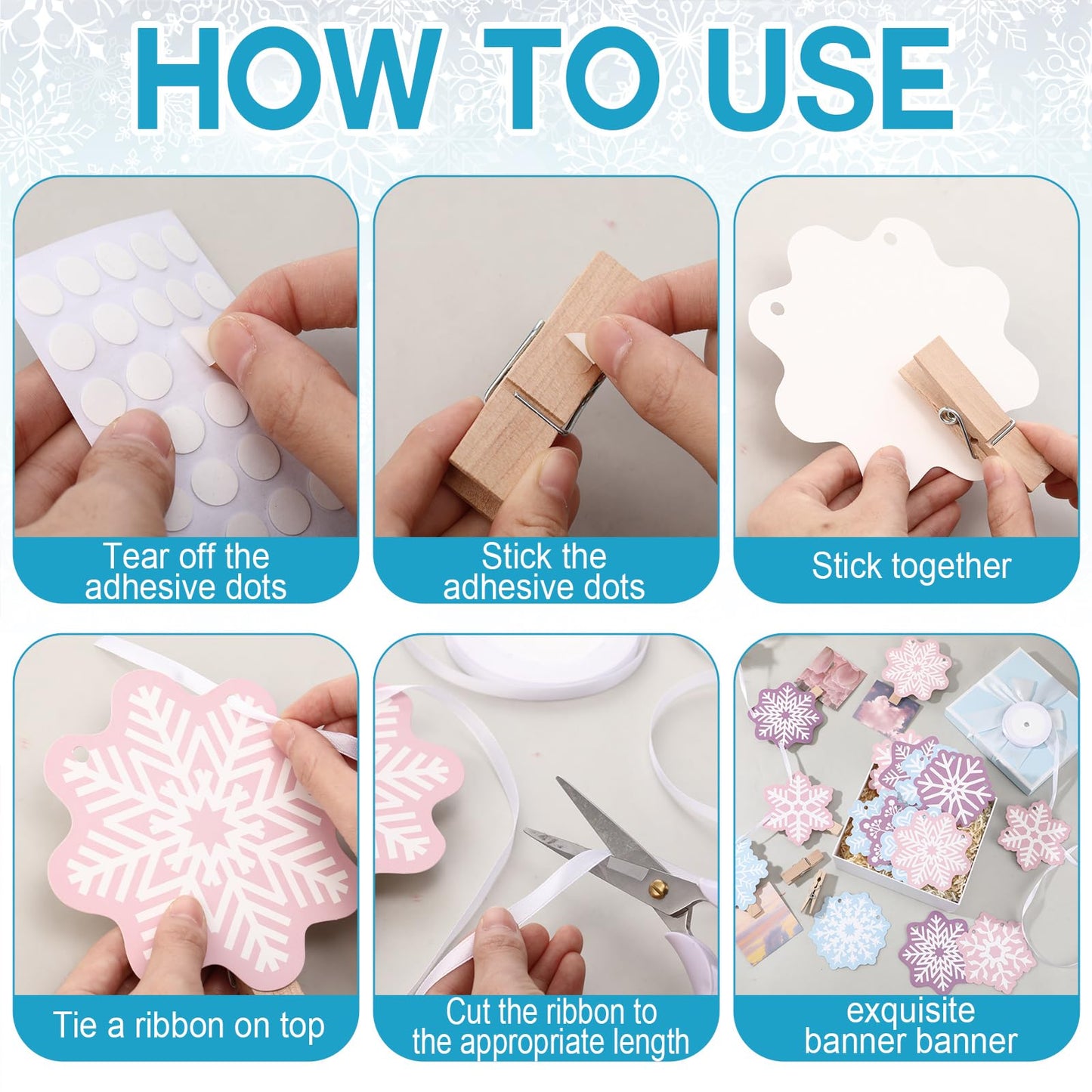 Epakh 24 Sets Winter Snowflake Photo Banner Snowflake Cards Wooden Clips with Ribbon Snowflakes Garland Hanging Ornaments Winter Decorations for Baby Shower Birthday Party Supplies