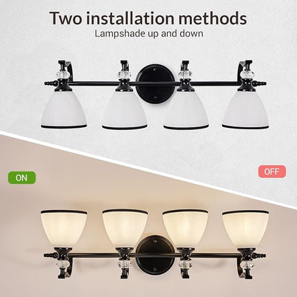 ANDY STAR Modern Bathroom Light Fixtures, 4-Light Vanity Lights, 28 inch Farmhouse Wall Sconces, Black Wall Lamp with Milky Glass, Well-Made Bathroom Lighting Fixtures Over Mirror for Living Room